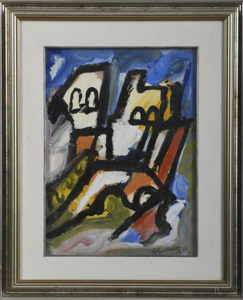 Senza Titolo, XX secolo, olio su cartone telato, cm 44x32, firmato e datato in basso a destra, entro cornice
