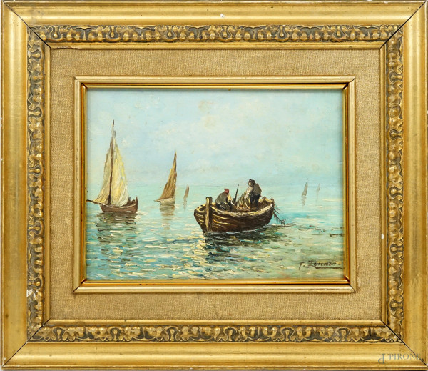 Pescatori, olio su compensato, cm 19x25, firmato, entro cornice.