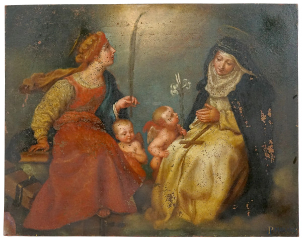 Pittore del XVIII secolo, Sante Caterina da Siena e Caterina da Alessandria, olio su rame, cm 24,4x30,6, (cadute di colore soarse)