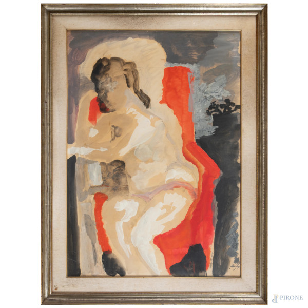 Ugo Attardi (1923-2006),  Nudo femminile, tecnica mista su carta, cm 100,5x71, firmato e datato "962" in basso a destra, entro cornice