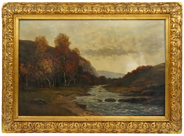 Paesaggio fluviale, olio su tela, XX secolo, firmato, cm 54x82, entro cornice