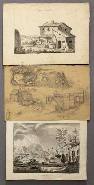 Lotto di tre disegni a soggetti di paesaggi e marine, 33x25 - 33x22 - 31x24 cm, XIX sec.