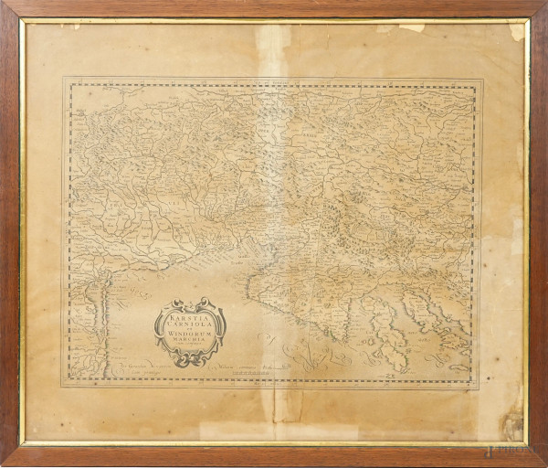 Karstia, Carniola et Windorum Marchia cum confinys, incisione, XVII secolo, cm 46.5x56, entro cornice, (difetti sulla carta)