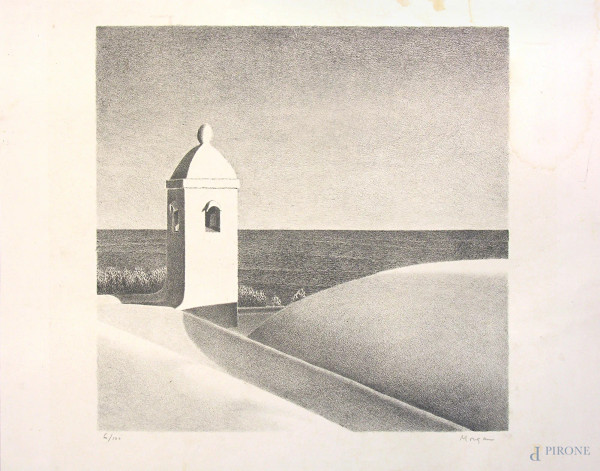 Randall Morgan (1920-1994) Paesaggio marino, litografia esemplare 6/100, piega e qualche segno del tempo