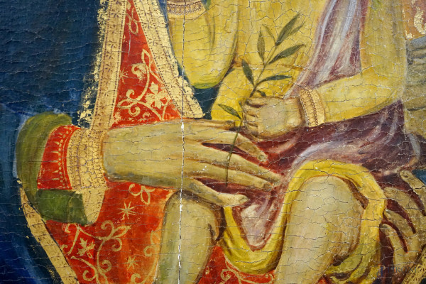 Anonimo senese del XIX-XX secolo, Madonna con il Bambino in trono, olio su tavola, cm 118,5x53,5