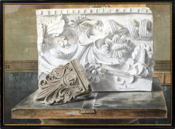 Giovanni Cipriani (XX sec.), Studio di elementi architettonici, acquarello su carta, cm. 48,5x68, firmato e datato, entro cornice.