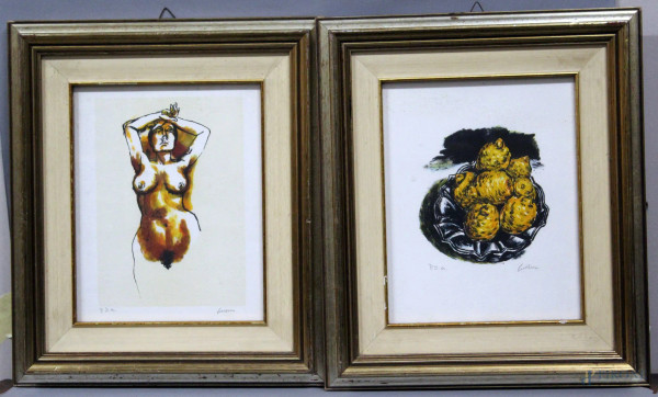 Renato Guttuso - Lotto composto da due prove d&#39;autore raffiguranti limoni e nudo di donna, cm 19x24, entro cornici.