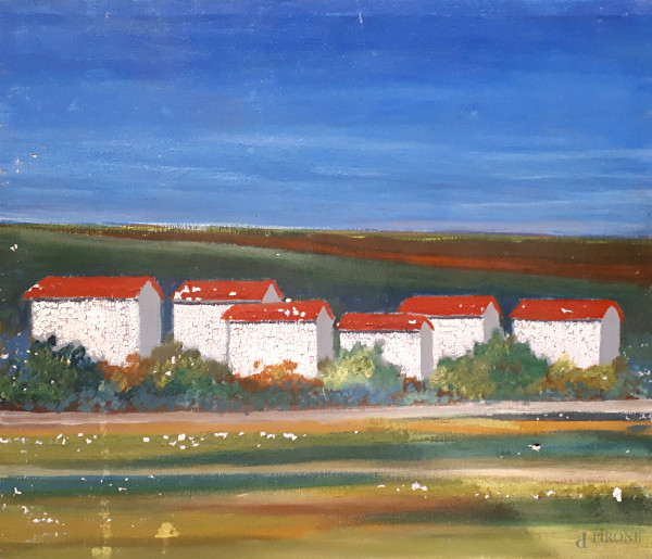 Paesaggio con case, olio su tela, cm 30x35