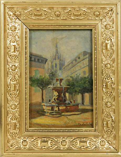 Scorcio di Milano, olio su cartone, firmato, cm 20x14, entro cornice