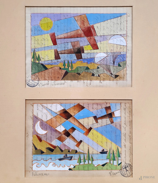 Vittorio Caproni (XX sec.) Futuraerei, lotto composto da due aeropitture a tecnica mista su foglio di carta a righe manoscritto, ciascuno cm 15x20, titolo firma e timbro dell’Artista