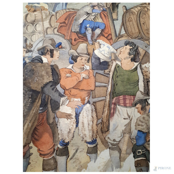 Alla maniera di Bartolomeo Pinelli, XX secolo, Scena di vita rurale, acquarello su carta applicat...