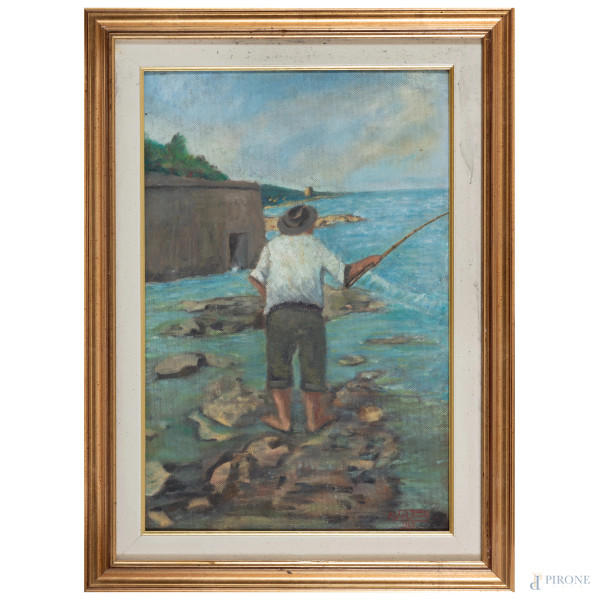 Pescatore, XX secolo, acrilico su cartone telato, cm 60x40, firmato e datato "1967" in basso a destra, entro cornice, (lievi segni di usura, cadute di colore)