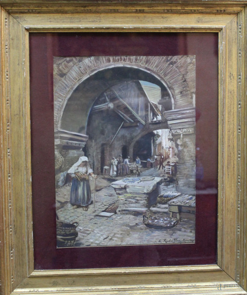 Scorcio di roma con arco, acquerello 27x30 cm, entro cornice firmato e datato.