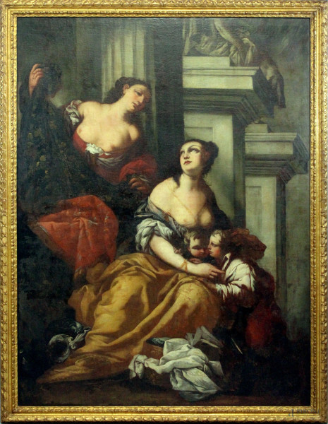 Francesco Ruschi - Cornelia presenta i suoi figli Tiberio e Gaio Sempronio Gracco a una matrona che le aveva mostrato i suoi gioielli, olio su tela, cm 149x112, entro cornice