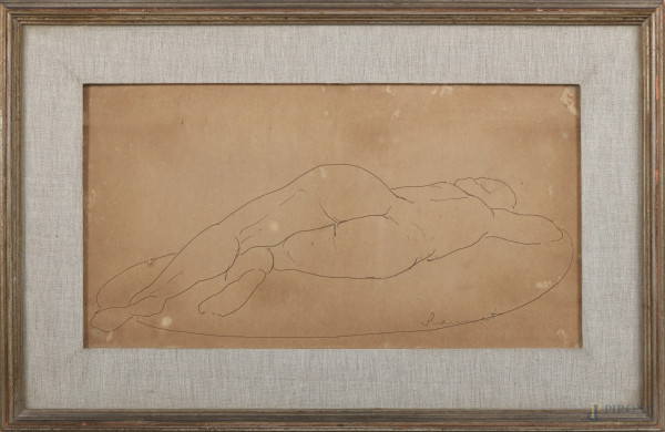 Nudo femminile, XX secolo, inchiostro su carta, cm 24,5x46, firmato in basso a destra, entro cornice, (segni di usura, tracce di umidità, gore, bruniture, foxing, abrasioni)