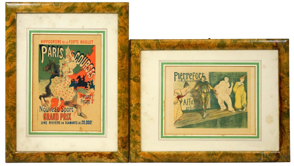 Lotto di due stampe a colori anni '30, raffiguranti "Pierrots" e "Hippodrome De La Porte Maillot Paris Courses", cm 35x25