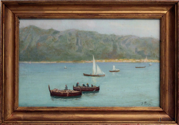 Lago con pescatori, olio su cartone, cm. 23x36, firmato, entro cornice.
