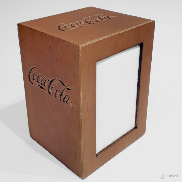 Coca Cola, porta tovaglioli vintage in legno, cm 15x11x10, logo Coca Cola inciso su ogni lato, prototipo esemplare unico 