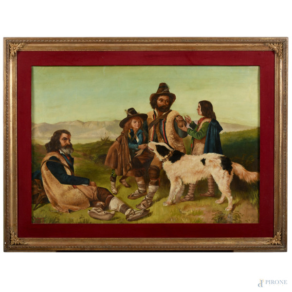 Pastori, XX secolo, olio su cartone telato, cm 57x67 entro cornice e passepartout, (ondulazioni del supporto)