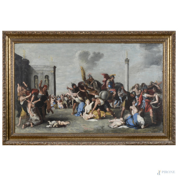 Strage degli Innocenti, XVII-XVIII  secolo, olio su tela, cm 76x126, entro cornice, (assottigliamento della materia pittorica, sollevamenti e cadute di colore)