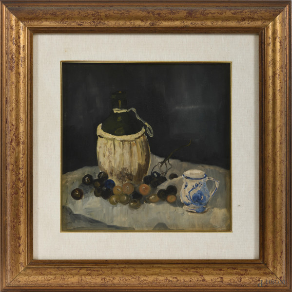 Natura morta con fiasca e uva, olio su cartone, XX secolo, cm 30x30, entro cornice