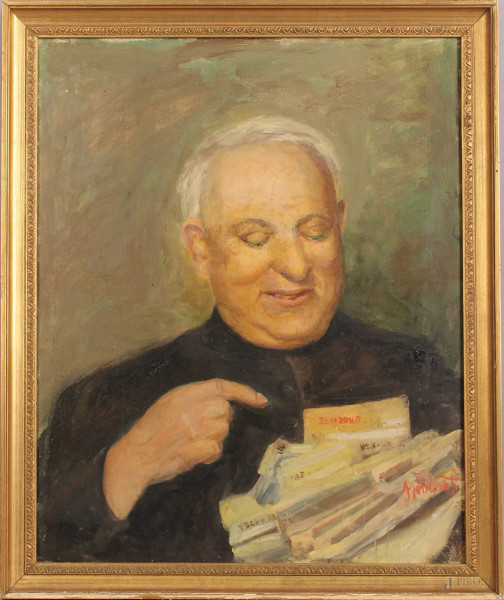 Ritratto d&#39;uomo, olio su tela, cm. 55x45, firmato entro cornice.