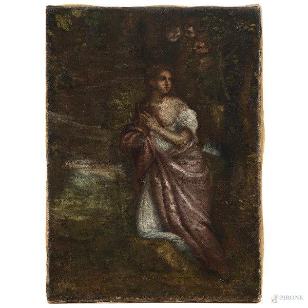 In preghiera, XVIII secolo, olio su tela, cm 43x31, (segni di usura, abrasioni, piccole cadute di colore)