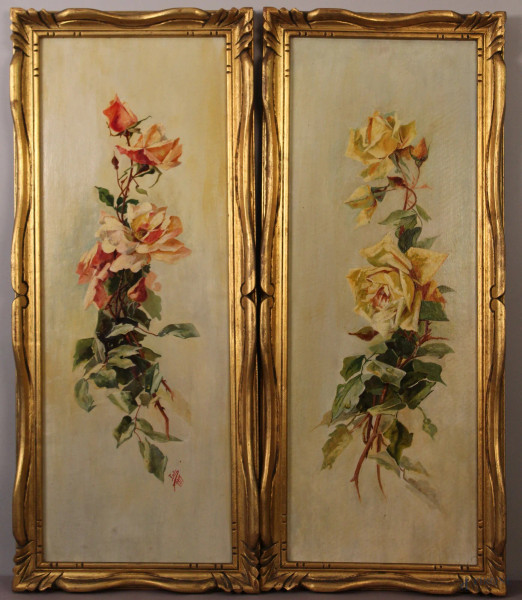 Fiori, coppia di dipinti ad olio su cartone, 70x25 cm, entro cornici di cui uno firmato Iole Casella 1911