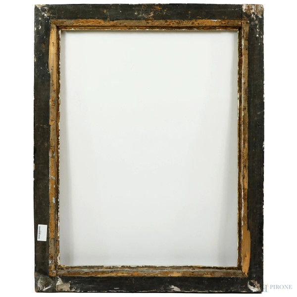 Cornice a cassetta in legno ebanizzato con profili dorati, XVII secolo, ingombro cm 101x80,5, bat...