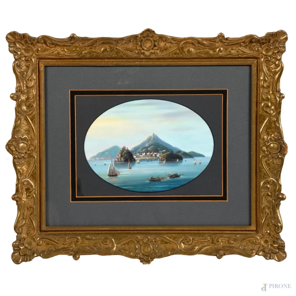 Veduta marina con pescatori, XX secolo, gouache su carta, cm 32x41 compreso passepartout, entro cornice