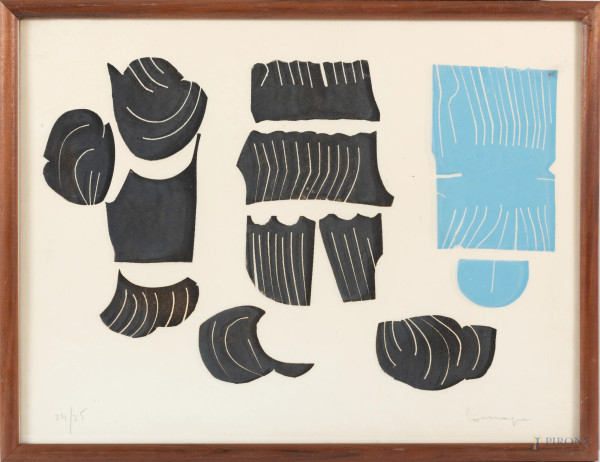 Pietro Consagra (1920 – 2005), Senza Titolo, litografia a colori su carta, es. 24/25, cm 46x60, firmato a grafite in basso a destra, entro cornice, (ingiallimento del supporto, lievi segni di usura)