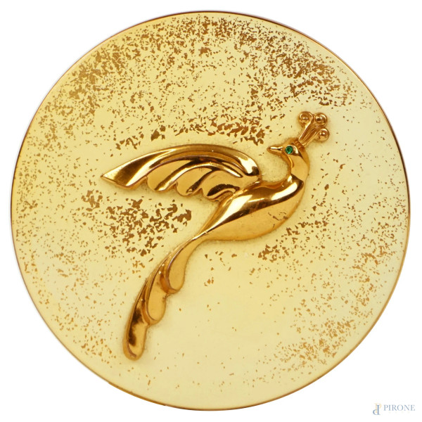 Portacipria in metallo dorato con volatile applicato, XX secolo, diam cm 8, (difetti)