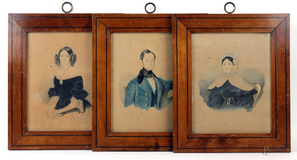 Tre ritratti raffiguranti gentildonna, gentiluomo e vedova, tecnica mista su carta, cm 24x19, firmati e datati, entro cornici.