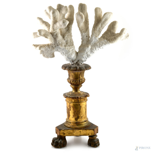 Elemento decorativo a foggia di corallo su base in legno dorato e dipinto, XX secolo, cm 65,5x45x17, (segni di usura, difetti, rotture, mancanze)
