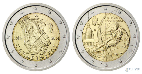 Coppia di rare monete da 2 euro: Torino Giochi Invernali 2006 e Arma dei Carabinieri 1814-2014
