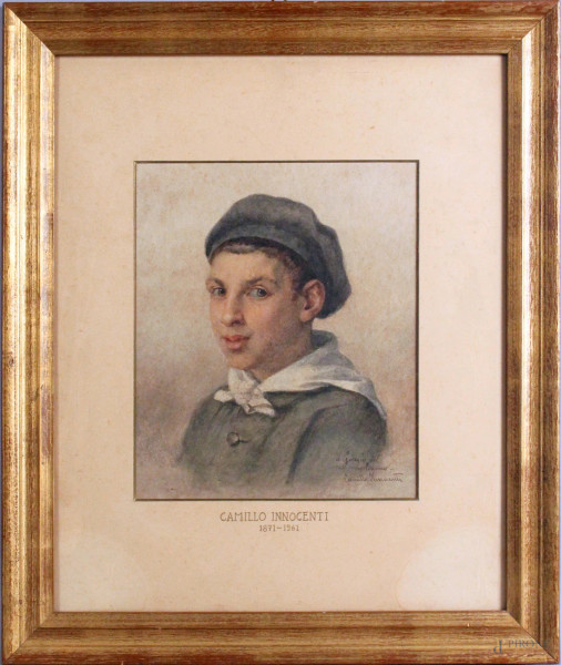 Ritratto di fanciulla, acquarello su carta, cm. 27,5x23, firmato Camillo Innocenti, entro cornice.