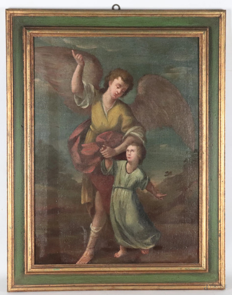 Tobia e l'Angelo, XVIII-XIX secolo, olio su tela, cm 56x42, entro cornice, (segni di usura, abrasioni, restauri)