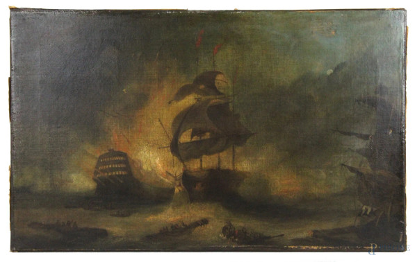 Battaglia navale, olio su tela, cm. 66,5x40,5, XIX secolo.