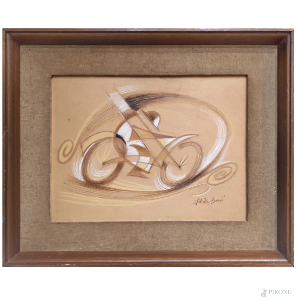 Achille Boni (XX sec.) Velociclo futurista, tecnica mista su cartone, cm 23x30, firmato, con cornice