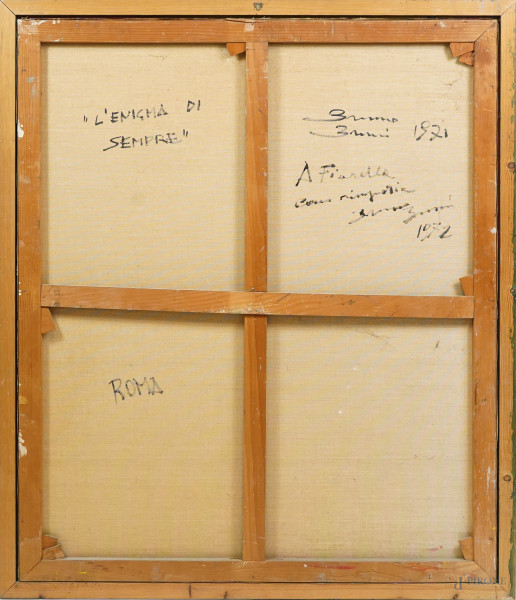 Bruno Bruni, L'enigma di sempre, olio su tela, firmato in basso a sinistra, cm 120x100, entro cor...