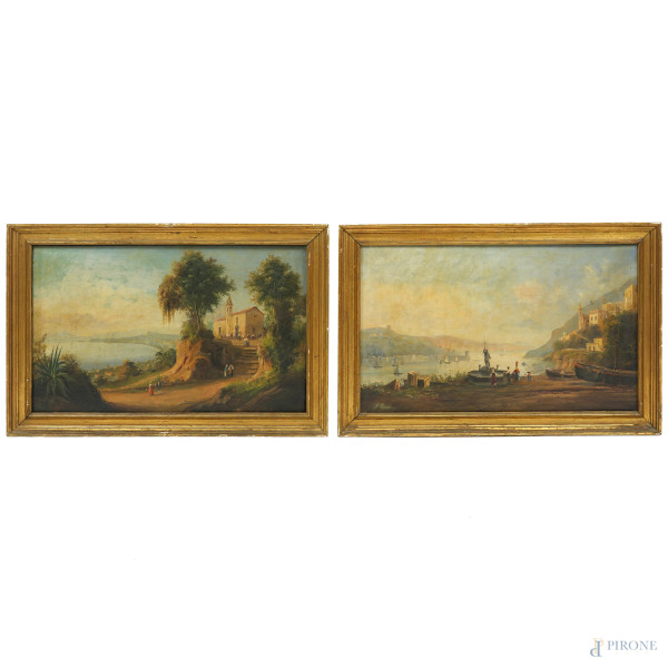 Scuola napoletana del XIX secolo, coppia di vedute costiere, olio su tela, cm 39x62, entro cornice