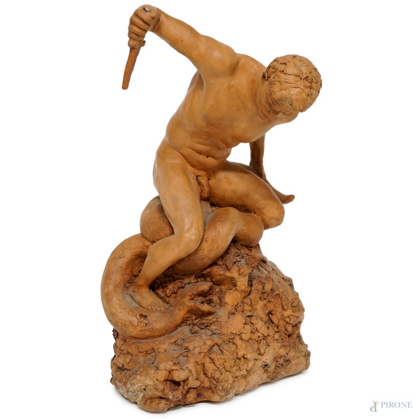 "Il bene vince il maligno", scultura in terracotta, firmato e datato, altezza cm 32