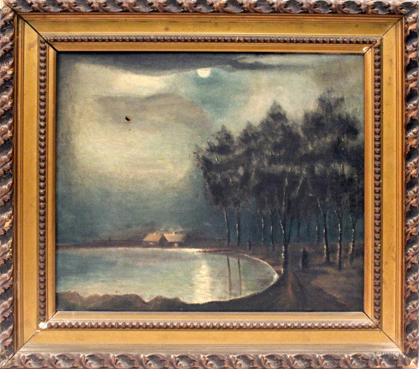 Scorcio di lago, olio su tela, cm 32 x 40, entro cornice.