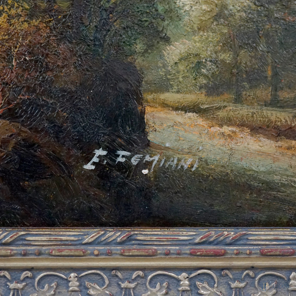 Paesaggio con figure, olio su tavola, firmato, cm 44x73, entro cornice