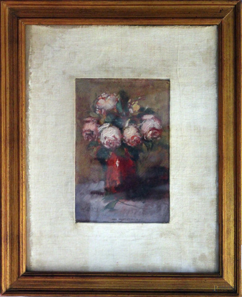 Vaso con fiori, olio su cartoncino firmato, cm 21 x 15, entro cornice.