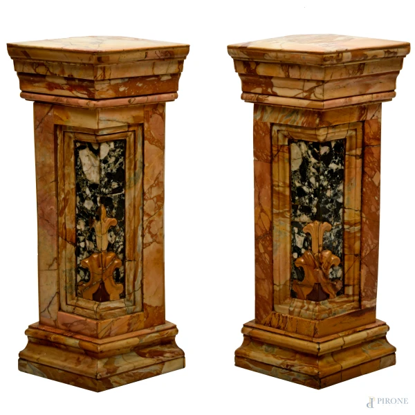 Due basi in marmi policromi, XX secolo, cm 72x29x30