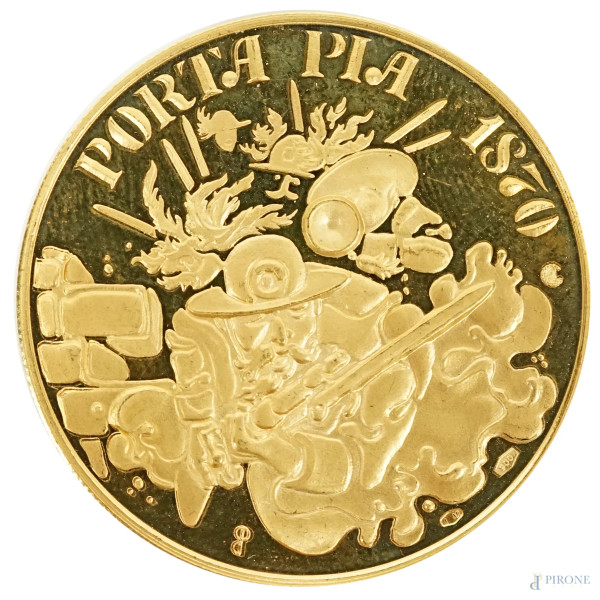 Medaglia in oro Centenario di Roma Capitale d'Italia, diametro cm 3,3, peso gr. 17,5, entro astuc...