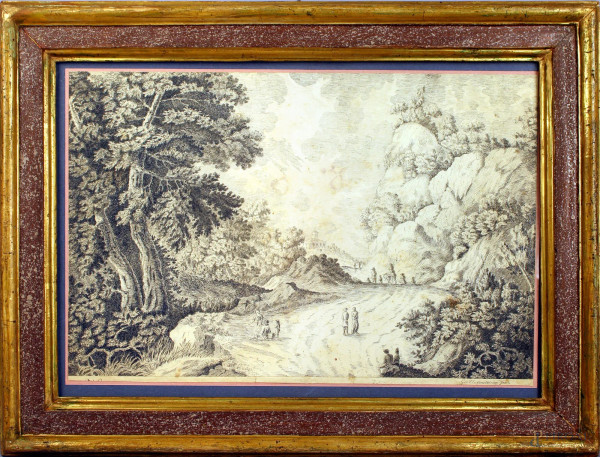 Paesaggio con figure, incisione del XVIII sec, cm. 32x45, entro cornice coeva.