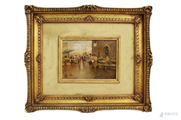 Oscar Ricciardi, Scena di mercato, dipinto ad olio su tavola, cm 13 x 18, entro cornice.