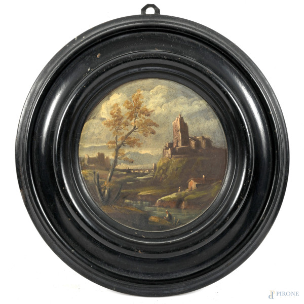 Lotto di quattro dipinti a serto circolare con nature morte e scene di paesaggio, XIX-XX secolo, ...